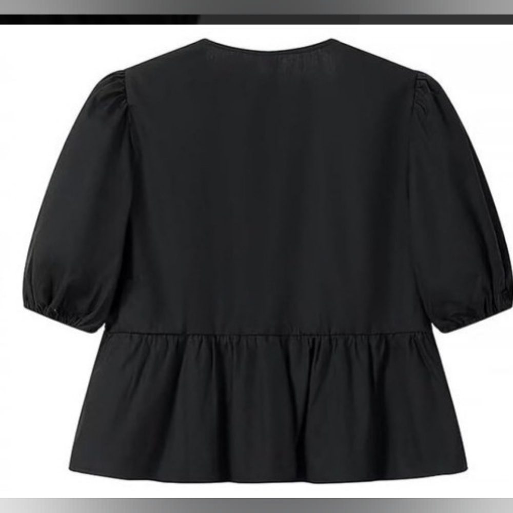 Elegant Black Y2K Peplum Babydoll Tie Front 3/4 Puff Sleeve Women's Top Sz Med - Picture 4 of 4